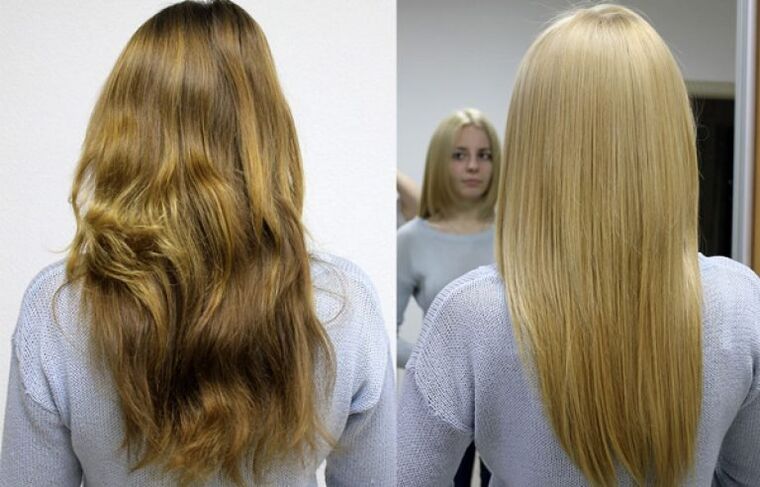 Prima e dopo la decolorazione e la colorazione dei capelli